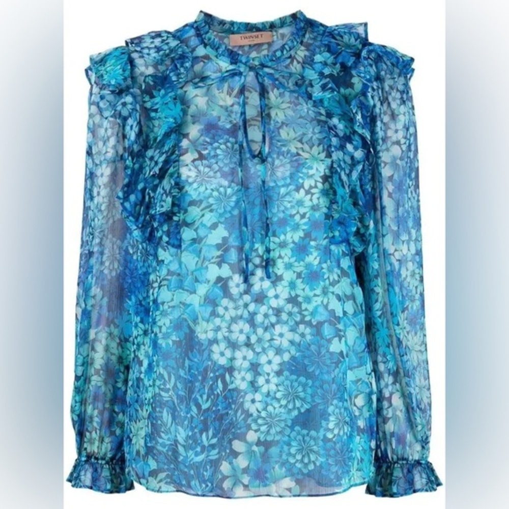 TWINSET Floral Poet-Sleeve Ruffled Blouse size S